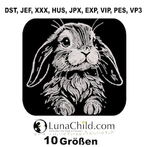 以下が含まれることがあります： 黒い背景に白いウサギの刺繍デザイン。ウサギは長い耳とふわふわした外観をしています。画像には「DST、JEF、XXX、HUS、JPX、EXP、VIP、PES、VP3」、「LunaChild.com」、および「10 Größen」というテキストが含まれています。