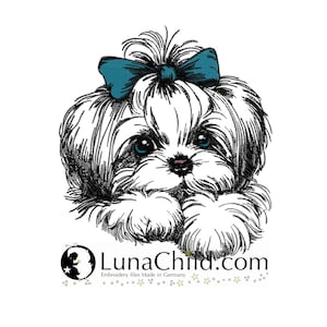 Könnte beinhalten: Eine Schwarzweiß-Zeichnung eines kleinen weißen Hundes mit einer blauen Schleife auf dem Kopf. Der Hund schaut den Betrachter an, den Kopf leicht zur Seite geneigt. Der Hund sitzt mit gekreuzten Pfoten vor sich. Der Hintergrund ist weiß.