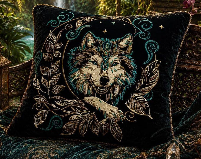Wolf Moon Embroidery File “Faolan” | Mystical Wolf Design for Black Fabrics | 8 Sizes | 2 Versions