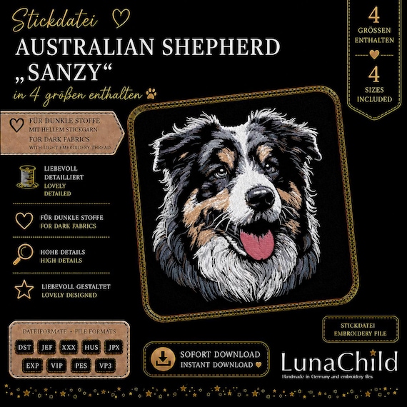 Stickdatei Australian Shepherd „Sanzy“ – Australian Shepherd Hund Stickmotiv – 4 Größen – LunaChild