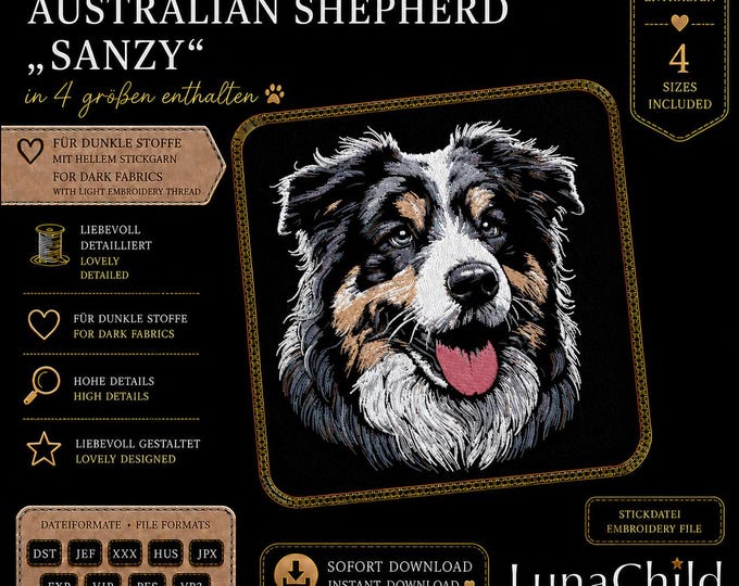 Australian Shepherd "Sanzy" Embroidery Design – Australian Shepherd Dog Embroidery Motif – 4 Sizes – LunaChild