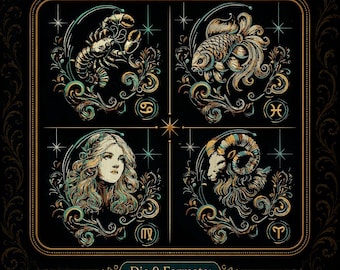 Mystical Zodiac Embroidery Design Set • 12 Zodiac Signs • Astrology Embroidery Files • Version 1 with Jump Stitches • 4 Sizes • LunaChild