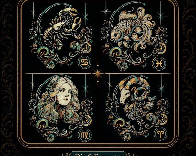 Mystical Zodiac Embroidery Design Set • 12 Zodiac Signs • Astrology Embroidery Files • Version 1 with Jump Stitches • 4 Sizes • LunaChild