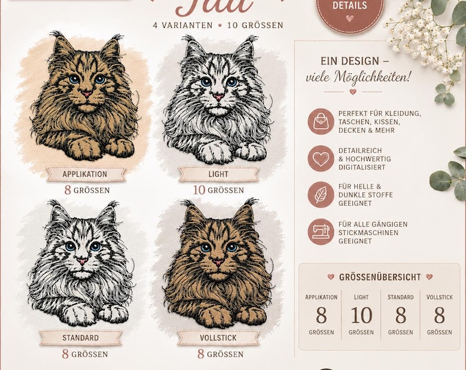 Stickmotiv Katze Maine Coon "Ida" - Set Applikation - Vollstick - Light - Standart  - für helle & dunkle Stoffe - 8 bzw 10 Größen LunaChild