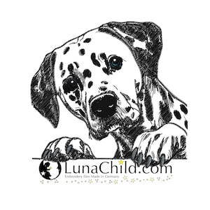 以下が含まれることがあります： ダルメシアンの犬が表面から顔をのぞかせている白黒のイラスト。テキストには「LunaChild.com」と「刺繍ファイル ドイツ製」とあります。