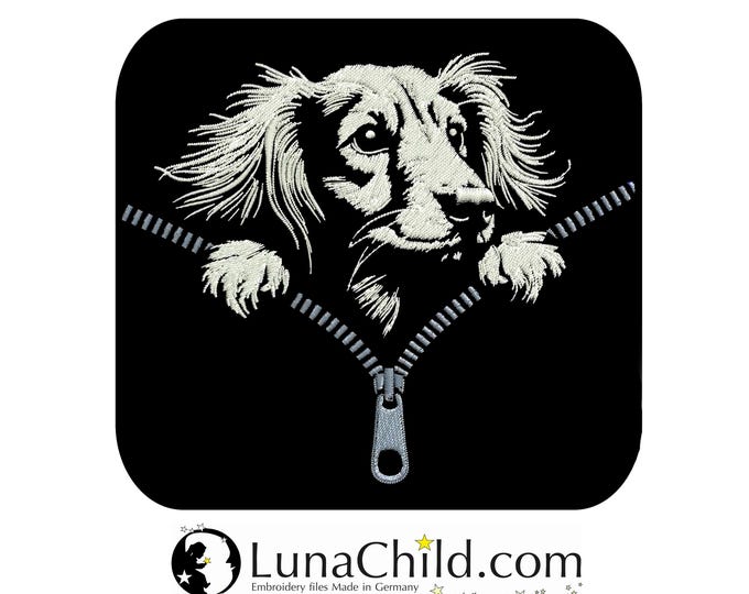 NEU Stickdatei Dackel Langhaar "Salima" Hund mit Reißverschluss realistisch für dunkle Stoffe kommerzielle Nutzung LunaChild