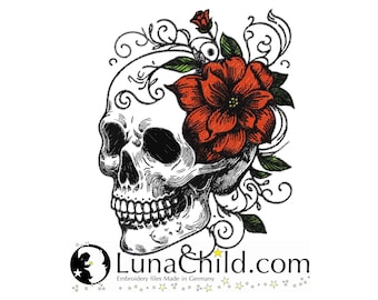 NEU Stickdatei Totenkopf mit Blumen "Kaja" realistisch bunt kommerzielle Nutzung LunaChild für helle Stoffe Halloween