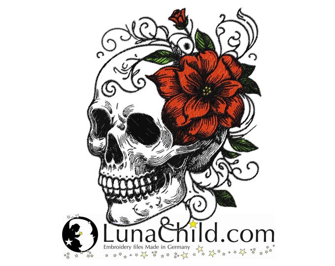 NEU Stickdatei Totenkopf mit Blumen "Kaja" realistisch bunt kommerzielle Nutzung LunaChild für helle Stoffe Halloween