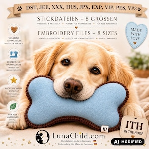 Op de afbeelding: Een golden retriever puppy met een lichtblauw, botvormig pluche speeltje met een donkerbruine gehaakte rand. De afbeelding bevat tekst: DST, JEE, XXX, HUS, JPX, EXP, VIP, PES, VP3, EMBROIDERY FILES - 8 SIZES, MADE WITH LOVE, ITH IN THE HOOP, LunaChild.com.