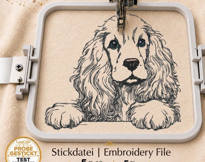 Embroidery File Cocker Spaniel “Johann” | Realistic Puppy Dog Portrait for Light Fabrics | 5 Sizes | LunaChild
