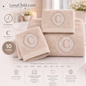 Embossed Embroidery File Letter „C“ • Monogram Towel Design • Bath Font 10 Sizes • LunaChild