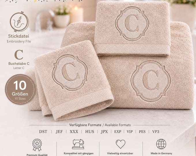 Embossed Embroidery File Letter „C“ • Monogram Towel Design • Bath Font 10 Sizes • LunaChild
