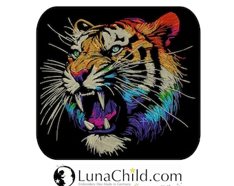 Neu AUFWENDIGE Stickdatei Tiger "Ervin" realistisch bunt farbig kommerzielle Nutzung LunaChild für dunkle Stoffe