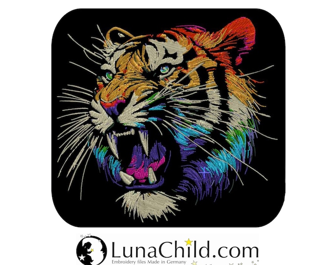 Neu AUFWENDIGE Stickdatei Tiger "Ervin" realistisch bunt farbig kommerzielle Nutzung LunaChild für dunkle Stoffe