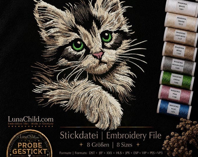 Realistic Cat Embroidery File “Meggan” | Cat Portrait for Black Fabrics Only | 8 Sizes
