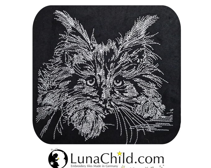 WENIGER STICHE - Stickdatei Maine Coon Katze  "Nox" LIGHT - für dunkle Stoffe - LunaChild - 6 Größen