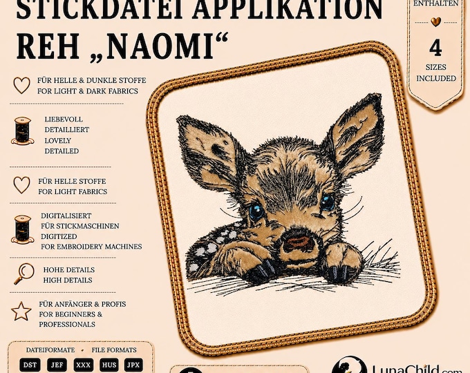 Stickmuster Applikation Reh „Naomi“ – Reh Stickmotiv – 4 Größen – LunaChild
