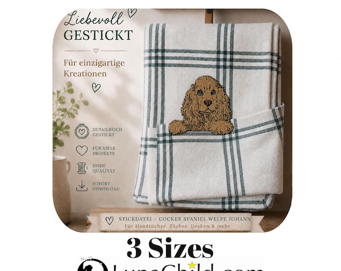 Stickdatei - Vollstick - Cocker Spaniel Welpe "Johann" - Für helle & dunkle Stoffe - 3 Größen - Hund - ITH -LunaChild