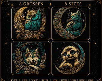 Moon Animal Embroidery Bundle – Owl, Cat, Wolf & Meerkat Moon Designs – Mystic Fantasy Embroidery Set – Dark Fabric Designs – 8 Sizes Each