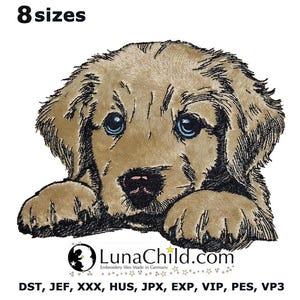 Könnte beinhalten: Ein Stickmuster eines goldenen Welpen mit blauen Augen und schwarzer Nase, mit dem Text 8 sizes oben und LunaChild.com sowie den Dateiformaten DST, JEF, XXX, HUS, JPX, EXP, VIP, PES, VP3 unten.