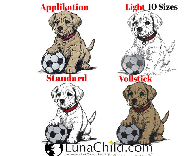 Stickdatei Set Applikation - Vollstick - Light - Standard  - Hund Fußball "Pille" - für helle & dunkle Stoffe -  8 bzw 10 Größen - LunaChild
