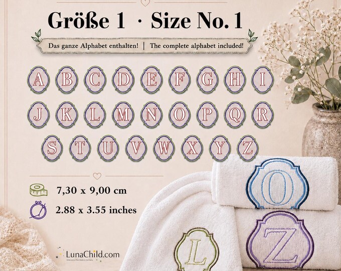 Embossed Alphabet A–Z Embroidery Design • Raised Letters • Monogram Embroidery Pattern • Size Set No. 1 • 7.30 x 9.00 cm • LunaChild