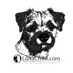 May include: A black and white machine embroidery design featuring a detailed portrait of a terrier-type dog with expressive eyes. Below the dog, the text reads LunaChild.com with the subtitle Embroidery files Made in Germany and small stars.