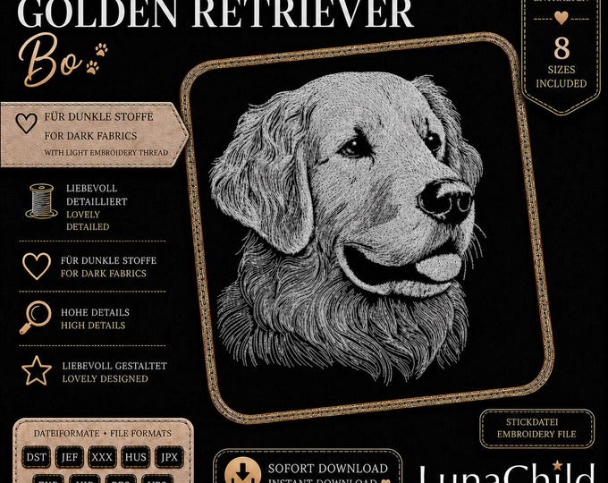 Golden Retriever Portrait Embroidery Design – Dog Embroidery File "Bo" – 8 Sizes – LunaChild