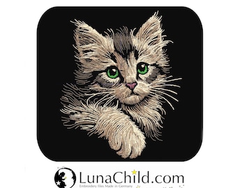 Embroidery file cat kitten "Meggan" realistic natural brown commercial use LunaChild for dark fabrics