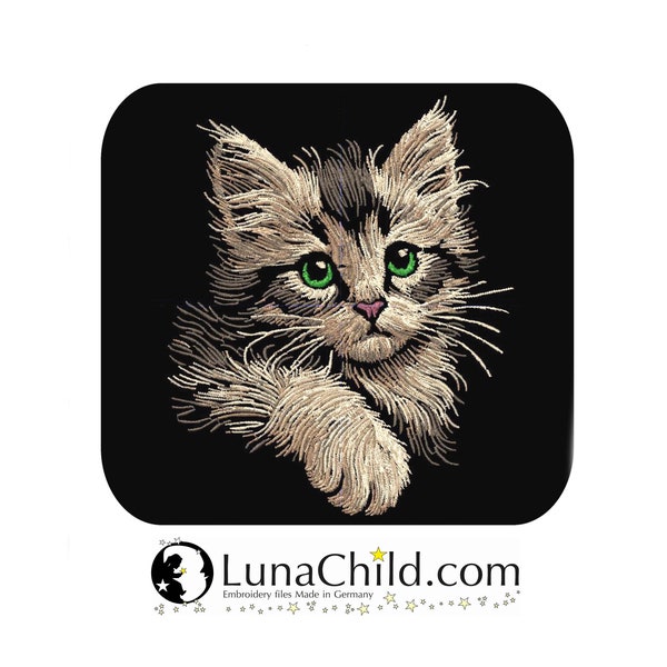 Stickdatei Katze Kätzchen Kitten "Meggan" realistisch naturfarben braun kommerzielle Nutzung LunaChild für dunkle Stoffe