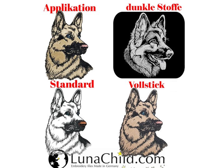 Stickdatei Set Applikation - Vollstick - Light - Standard  - Schäferhund - "Yasu" + " Allen" - für helle & dunkle Stoffe - 8 Größen