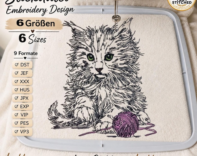 Angora Cat Embroidery Design “Shadow” LIGHT | Realistic Cat Embroidery for Light Fabrics | 6 Sizes | 2 Versions