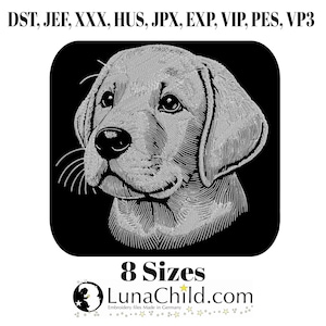 Könnte beinhalten: Ein detailliertes, graustufiges Stickdesign eines Labrador Retriever Welpengesichts auf schwarzem Hintergrund. Das Design enthält den Text "8 Sizes" und "LunaChild.com". Das Bild zeigt auch Dateiformate: DST, JEF, XXX, HUS, JPX, EXP, VIP, PES, VP3.