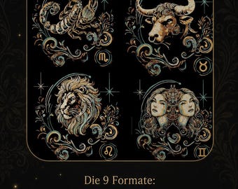 Mystical Zodiac Embroidery Design Set • 12 Zodiac Signs • Astrology Machine Embroidery Files • 4 Sizes • LunaChild