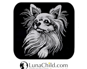 Stickdatei Chihuahua langhaar "Droppy" Hund realistisch für dunkle Stoffe kommerzielle Nutzung LunaChild