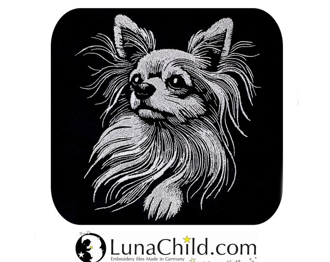 Stickdatei Chihuahua langhaar "Droppy" Hund realistisch für dunkle Stoffe kommerzielle Nutzung LunaChild
