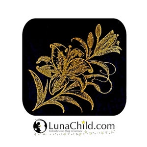 Può includere: Un disegno di giglio dorato con glitter su sfondo nero. Il disegno è intricato e dettagliato, con il giglio in piena fioritura. Il disegno è perfetto per progetti di ricamo.