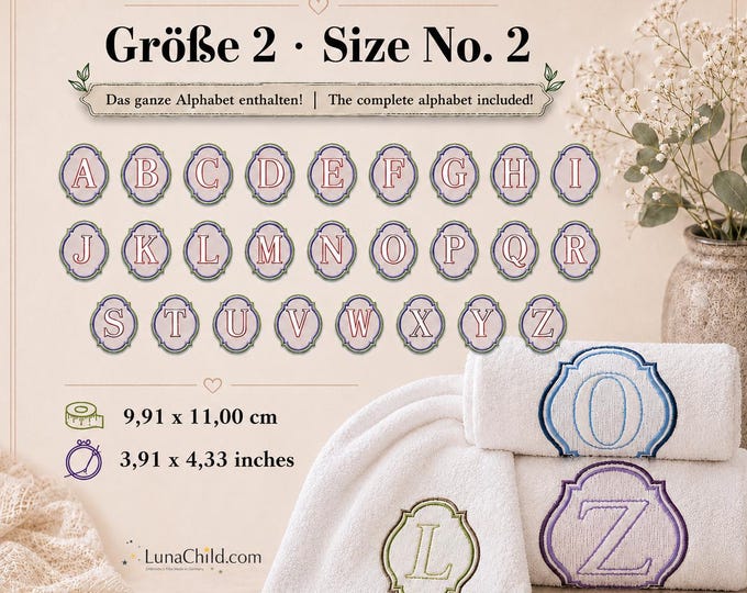 Embossed Alphabet A–Z Embroidery Design • Raised Letters • Monogram Embroidery Pattern • Size Set No. 2 • 9.91 x 11.00 cm • LunaChild