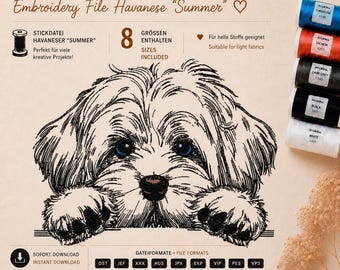 Embroidery Design Havanese  “Summer” – Dog Machine Embroidery File – 8 Sizes – Light Fabrics – LunaChild