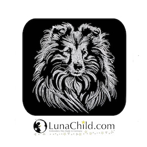 May include: A detailed white line drawing of a dog's head, set against a black rounded square background. The dog has long, flowing fur and a focused expression. The text "LunaChild.com" and "Embroidery files Made in Germany" are at the bottom.