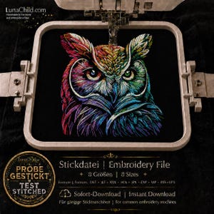 May include: An embroidery hoop holding black fabric with a multi-colored owl design. The owl features vibrant threads in shades of red, purple, blue, and green. Text on the image includes LunaChild.com, Stickdatei, Embroidery File, and 8 Sizes.