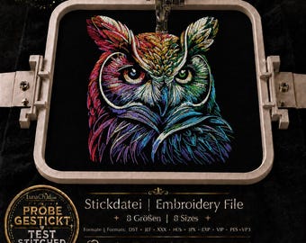 Owl Embroidery Design “Jörg” – Realistic Owl Machine Embroidery File – 8 Sizes – 2 Versions – Black Fabric – LunaChild