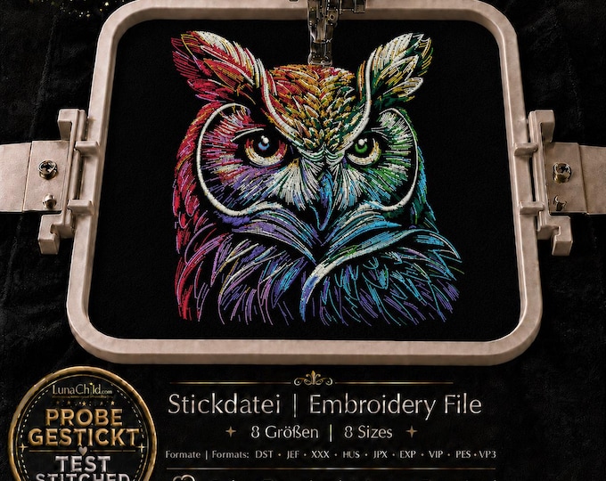 Owl Embroidery Design “Jörg” – Realistic Owl Machine Embroidery File – 8 Sizes – 2 Versions – Black Fabric – LunaChild
