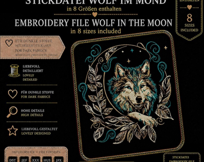 Fantasy Wolf Embroidery Design "Faolan" – Wolf Moon Embroidery File – 8 Sizes – LunaChild