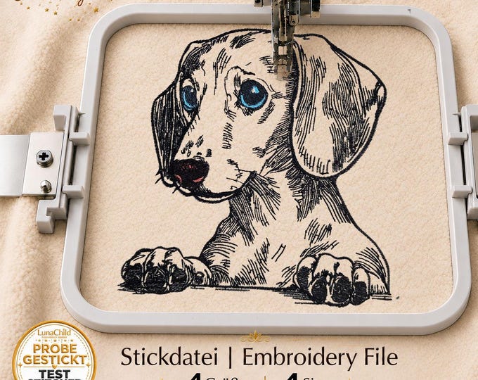 Embroidery File Dachshund Puppy “Izzy” – Realistic Dog Portrait for Light Fabrics – 4 Sizes – LunaChild
