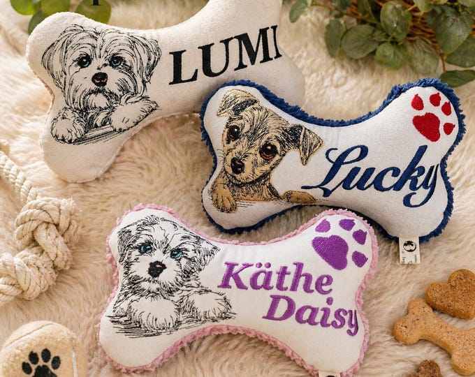 PERSONALISIERTE Stickdatei - Hunde Spielzeug Knochen ITH - in 8 Größen - Embroidery File Dog toy bone ITH - LunaChild Hunderasse Name Pfote