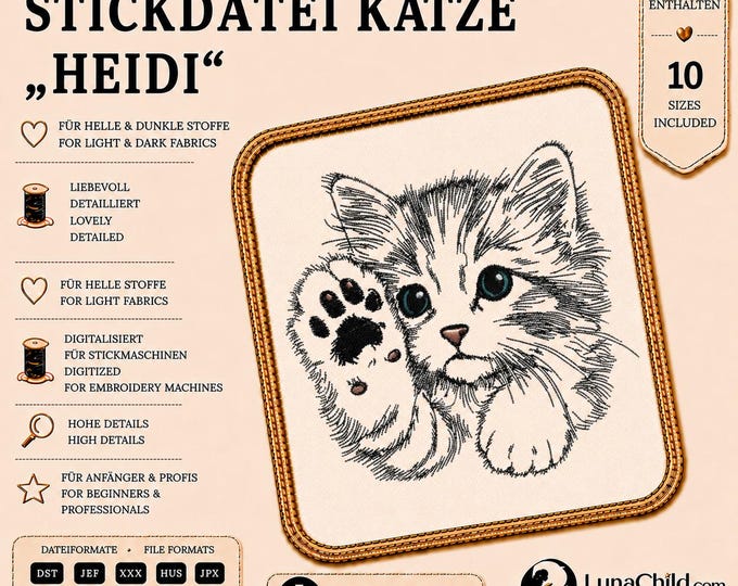 Kitten Embroidery Design "Heidi" – Cute Cat Embroidery Pattern – 10 Sizes