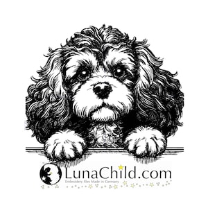 May include: Black and white illustration of a small dog with curly hair, looking at the camera. The dog is peeking over a surface with the text "LunaChild.com" and "Embroidery files Made in Germany" below.
