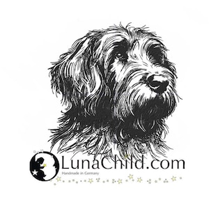 以下が含まれることがあります： 犬の頭部の白黒線画。犬は長く、毛深いコートを着ており、優しい表情をしています。画像は白い背景に配置され、"LunaChild.com"と"Handmade in Germany"のテキストが含まれています。