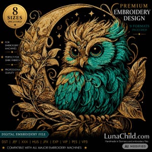 Mystical Owl in the Moon Embroidery Design “Eulalia” | Owl Embroidery for Dark Fabrics | 8 Sizes | 2 Versions